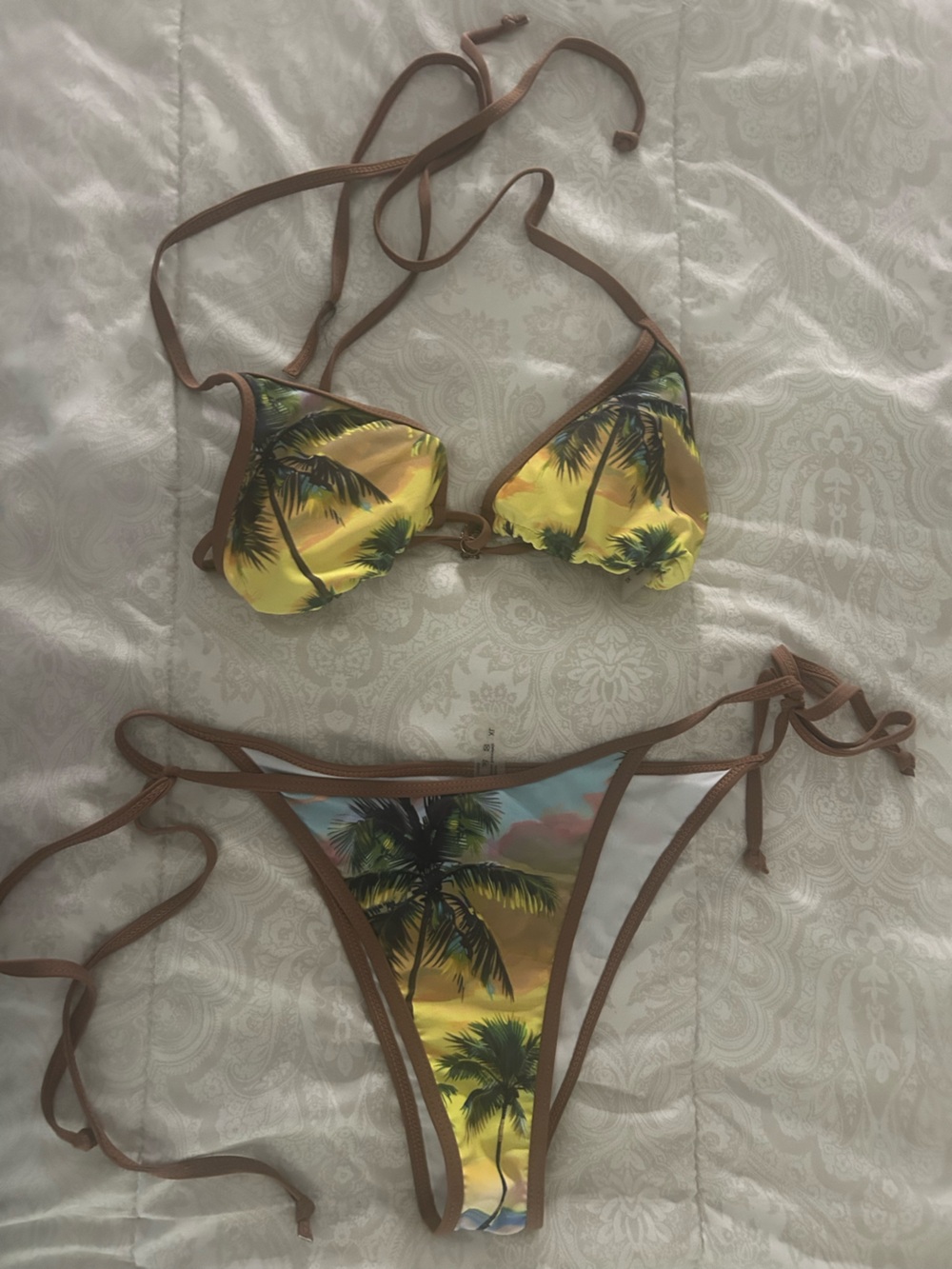 Tropical Palm Print String Bikini - Yellow & Blue
